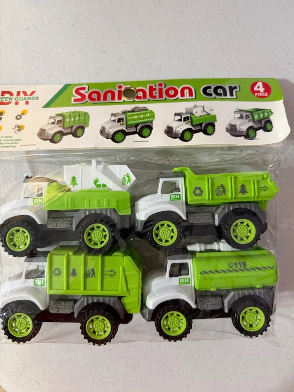 Sanitation Trucks -4 piece Kids Toy Truck Set - Green & White- New